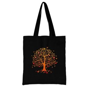 Schwarze Canvas-Tragetasche mit orange-goldener Apfelbaum-Grafik und Henkeln