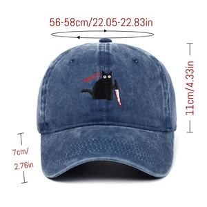 Detailed size guide for washed cotton baseball cap with funny black cat embroidery