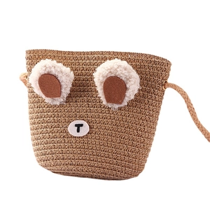 Cute brown teddy bear woven bucket bag for kids with adjustable shoulder strap