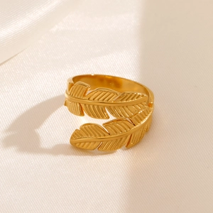 Elegant gold feather open ring made of polished stainless steel for women fashion