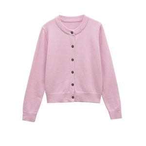 Pink crewneck wool blend knit cardigan with dark grey buttons on a clean white background