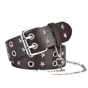 Punk style dark brown double grommet PU leather belt with silver star studs and chain