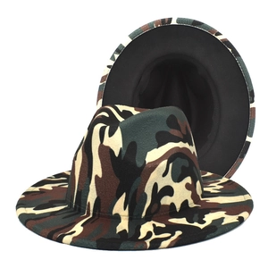 Detail of wide brim fedora hat featuring multi-color camouflage wool felt and stitching
