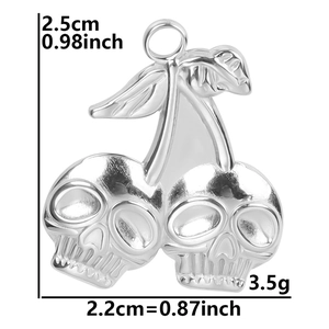 Detailed view of silver skull cherry pendant with 2.5cm height and weight dimensions