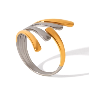 Detail of two-tone spiral stainless steel ring with elegant gold and silver finishes