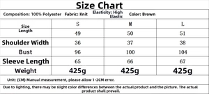 Tableau des tailles pour ensemble en tricot marron avec détails sur le tissu extensible