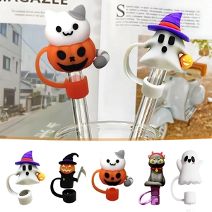 Five styles of 10mm Halloween silicone straw covers featuring ghost and pumpkin designs