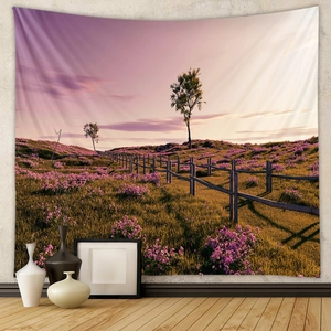 Detail view of sunset field tapestry showing premium fabric texture on a plain wall