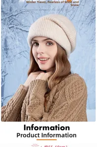 Dettaglio berretto in maglia beige con info taglia 55-60 cm su sfondo invernale