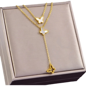 Golden double-layer butterfly pendant necklace with white shell on champagne jewelry box