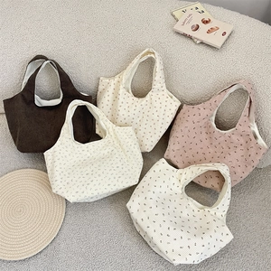 Floral Print Corduroy Handbag Large Capacity Casual Tote Bag Women Lunch Box Storage Bag Retro Pastoral Style Soft