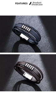 Detail of multi-layer braided leather bracelets with textured metal tubes and magnetic clasp