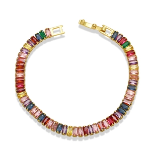 Rainbow baguette-cut zircon bracelet with golden chain link and secure clasp closure