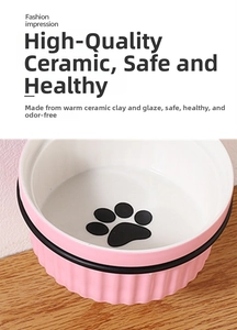 Detail of pink and white ceramic cat bowl with vertical texture and paw print