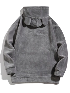 Detail view of the soft grey fleece hoodie back with cute animal ear hood design