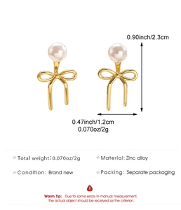 Detailed technical drawing of bow-shaped pearl earrings showing size and zinc alloy material