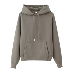 Detail of greyish-brown hoodie showing drawstring hood, kangaroo pocket and size S label