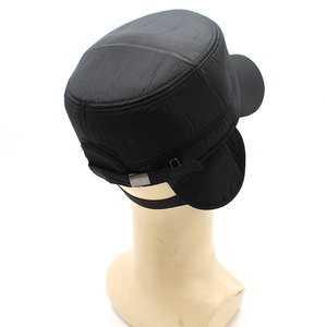 Men's black flat top winter hat with ear flaps and adjustable metal buckle back view