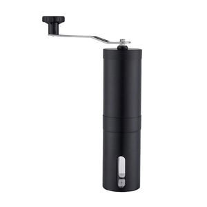 Manual stainless steel coffee grinder with matte black finish and viewing window