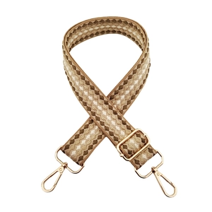 Adjustable woven shoulder strap with brown geometric pattern and gold metal hooks