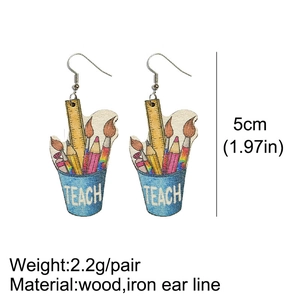 Detail view of wood teacher earrings showing 5cm height and pencil holder design