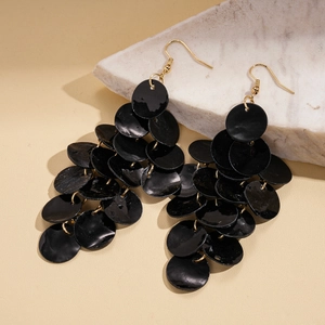 Dramatic black layered round sequin tassel earrings with elegant gold hanging hooks