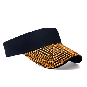 Women's black open top sun hat with sparkling gold rhinestones on the brim