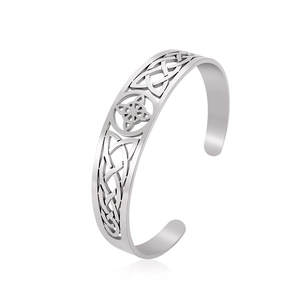 Polished stainless steel open cuff bracelet with intricate Celtic knot cutout design