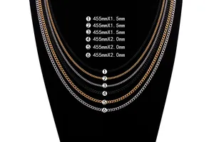 Necklace width comparison showing 1.5mm and 2.0mm chains in black, gold, and silver tones