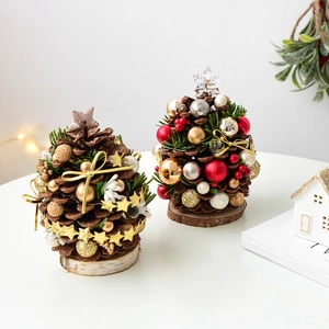 Mini natural pinecone Christmas trees with gold star topper and wooden base