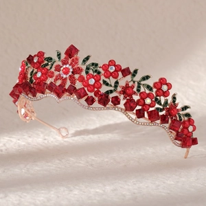 Vintage bridal crown with red rhinestones, pearls and green enamel leaves on rose gold