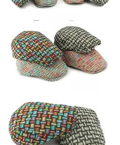 Close-up of ethnic jacquard weaving details and colorful plaid pattern on the beret
