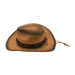 Detailed weave pattern and leather strap with rivets on a western cowboy straw hat