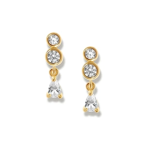 Macro detail of gold-plated cluster drop earrings with pear-cut clear crystals