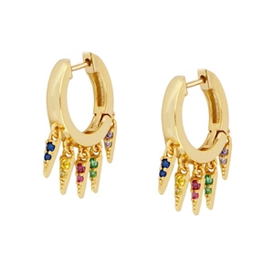 Detail of gold hoop earrings with multi-colored gemstones and spiked charms