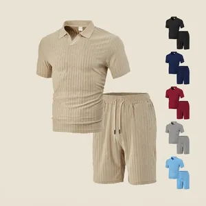 Men Short Sleeve Polo Shirt And Drawstring Shorts Ribbed Texture Summer Casual Breathable Lightweight