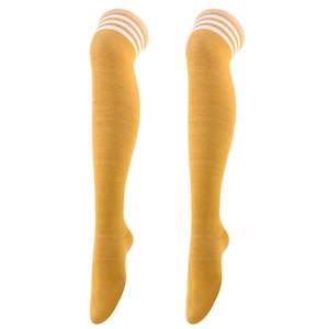 Thigh high yellow socks with three white stripes in a high-quality knit finish
