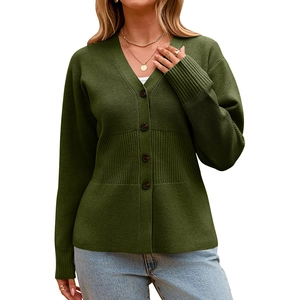 Close-up of olive green V-neck knitted cardigan with dark buttons and ribbed texture detail