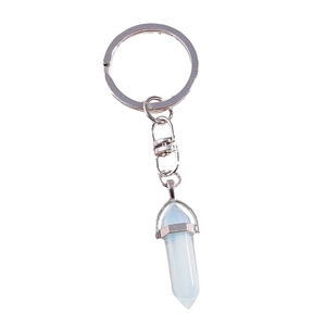 White hexagonal crystal moon keychain with silver metal lobster clasp on white background