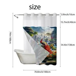 Detailed size chart for peacock print shower curtain with 180cm width and 188cm height specs