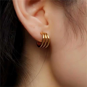 18k gold triple-row C-shaped hoop earrings in titanium steel for women in a minimalist style