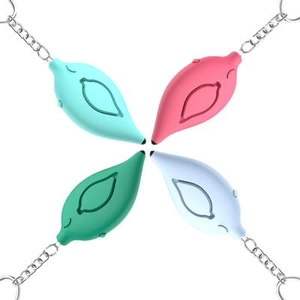 Leaf-shaped personal safety alarms in multiple colors arranged on a white background