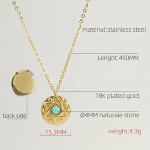 Detail view of gold stainless steel necklace featuring a turquoise star pendant and measurements