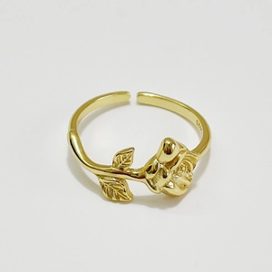 Golden 925 sterling silver adjustable open ring featuring a delicate rose flower design