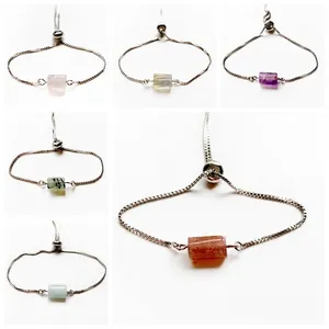 Adjustable natural gemstone bracelet featuring cylinder cut citrine and quartz stones
