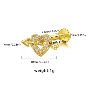 Detailed view of golden heart arrow lip stud with white zircon and size specifications