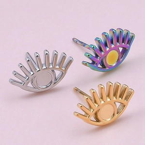 Detailed view of 304 stainless steel eye-shaped stud earrings in silver, gold, and rainbow