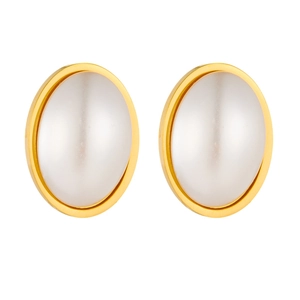 Elegant gold oval earrings with pearl inlays, high-quality stainless steel jewelry