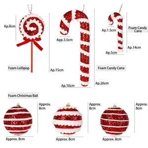 Red foam Christmas candy ornaments with glitter swirls and ribbon for tree decoration