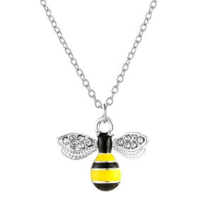 Collana con ciondolo ape in strass con ali in smalto giallo e catena color argento